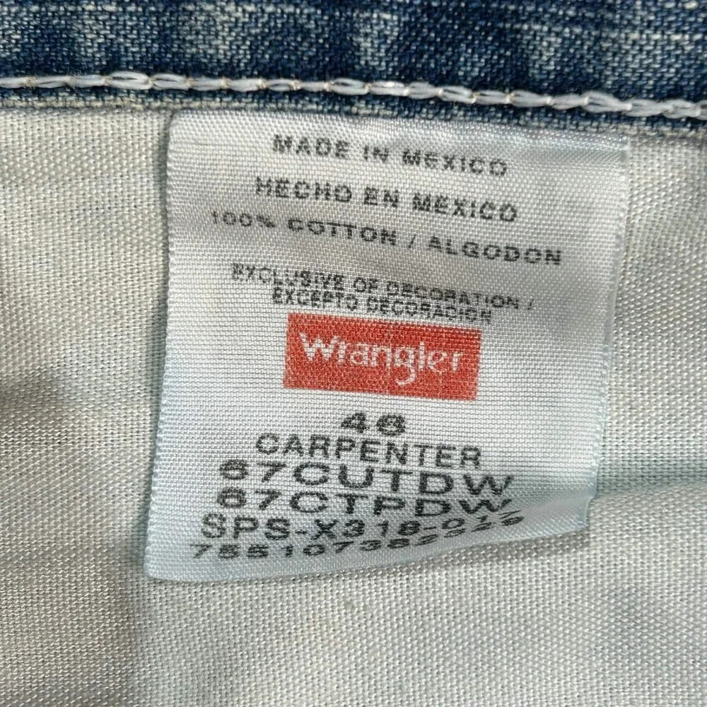 Men's Wrangler Carpenter Denim Shorts Sz 46 Blue Distressed Jorts Skater painter